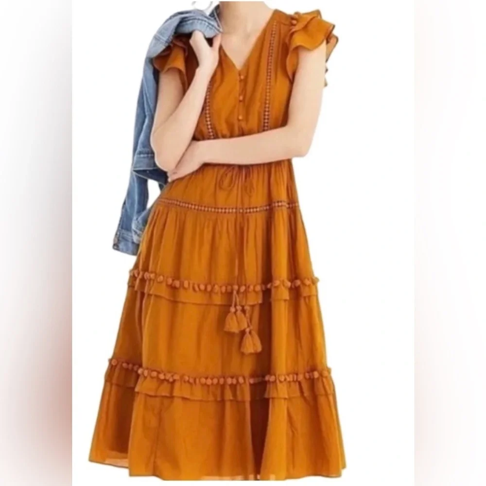 NWT J. Crew Mustard Midi Dress with Ruffles, Point Sur brand
